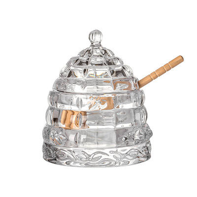 Heavy Clear Honeycomb Design Glass Honey Jar With Lid And Dipper