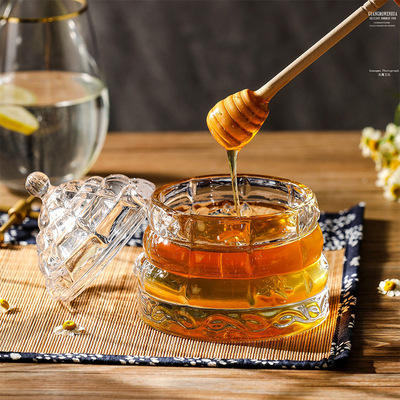 Heavy Clear Honeycomb Design Glass Honey Jar With Lid And Dipper