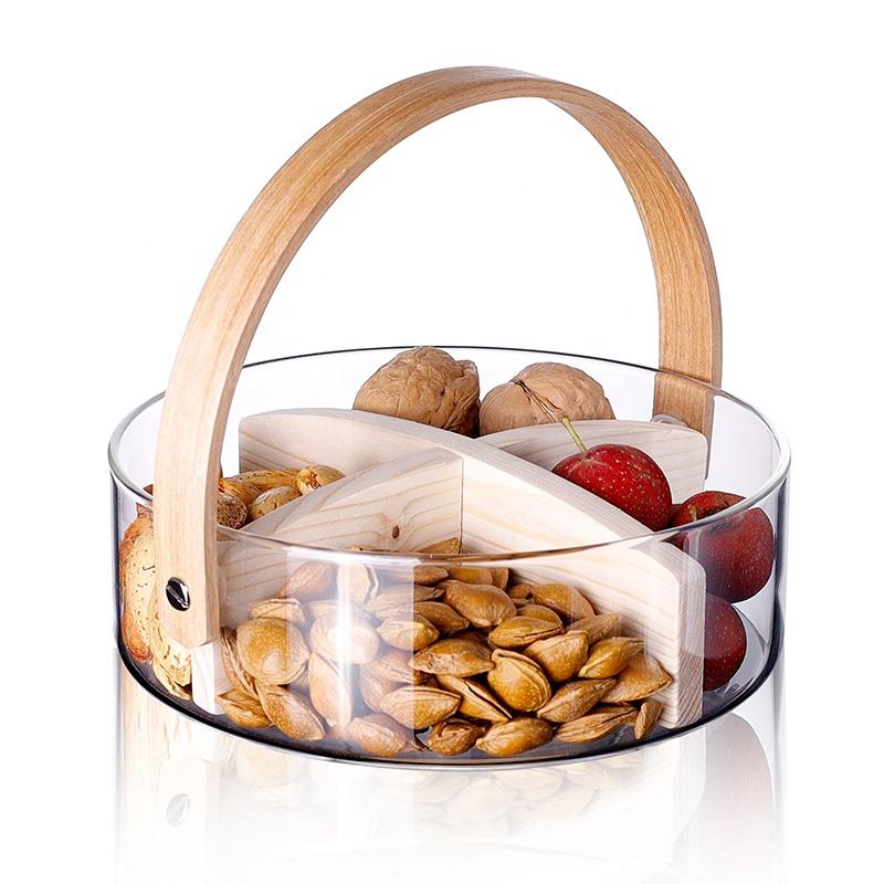 Clear Creative Glass Storage Branch Dried Fruit Basket Plate With Wood Handle