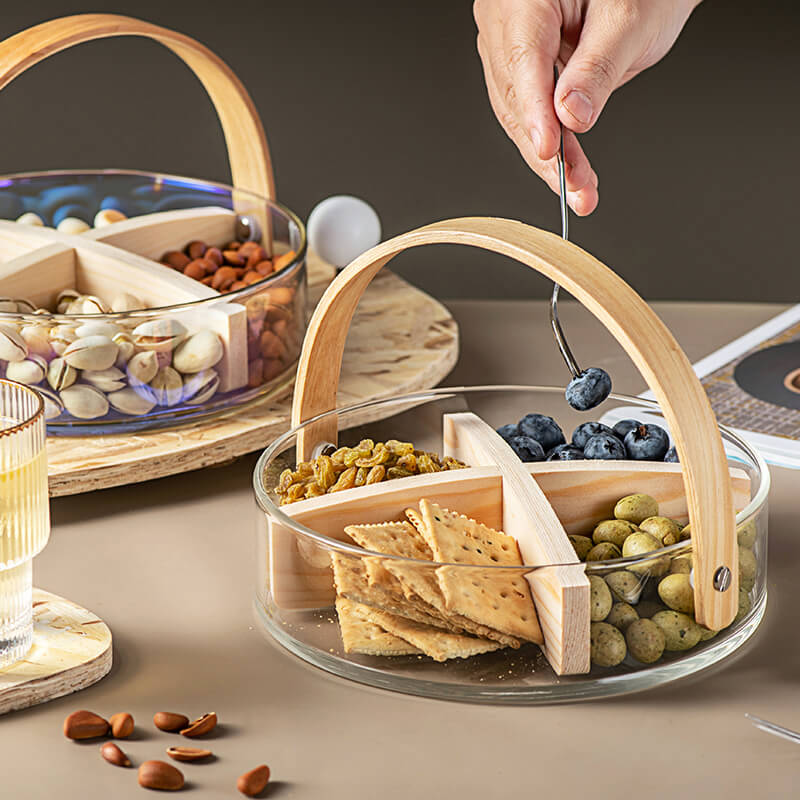 Clear Creative Glass Storage Branch Dried Fruit Basket Plate With Wood Handle