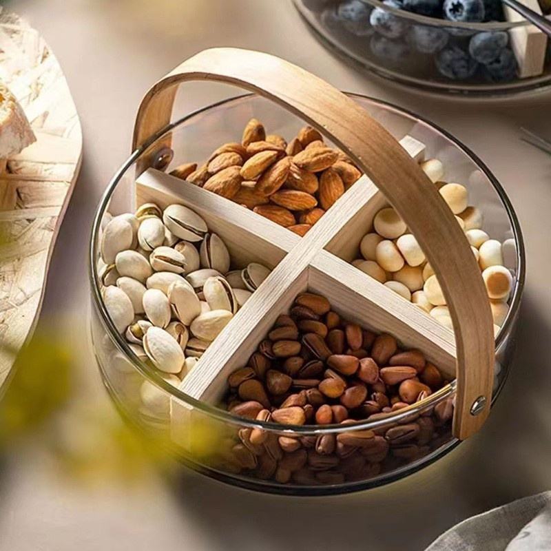 Clear Creative Glass Storage Branch Dried Fruit Basket Plate With Wood Handle