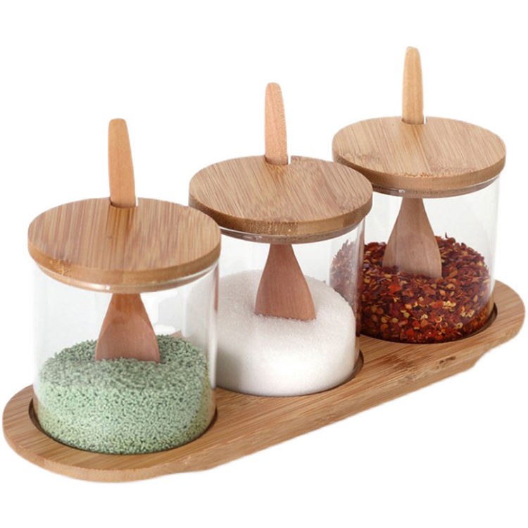 3 Piece Glass Spice Storage Jars Set With Spoon And Tray