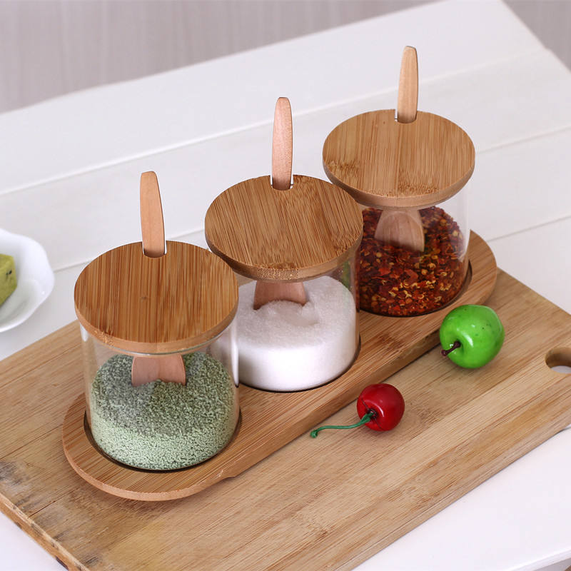 3 Piece Glass Spice Storage Jars Set With Spoon And Tray