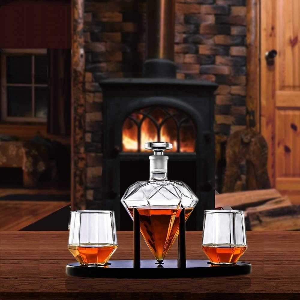 Unique Modern Handmade Glass Diamond Whiskey Wine Glass Decanter Set With Glasses