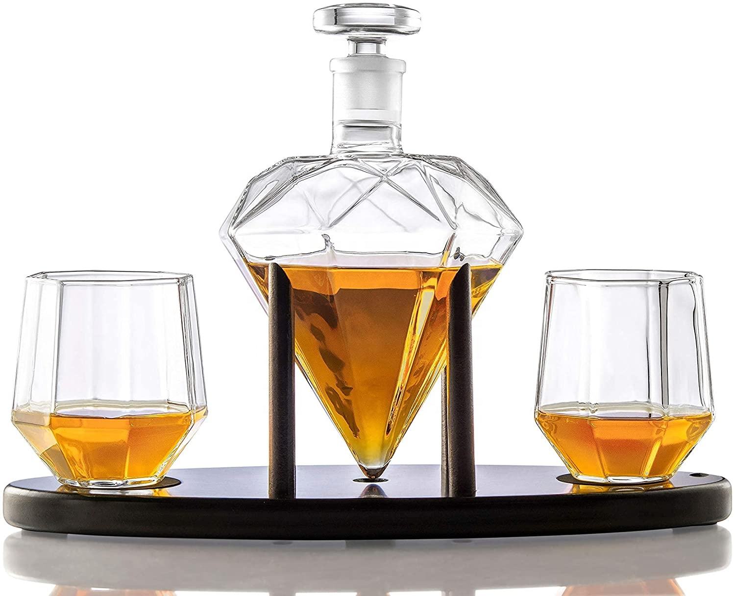 Unique Modern Handmade Glass Diamond Whiskey Wine Glass Decanter Set With Glasses