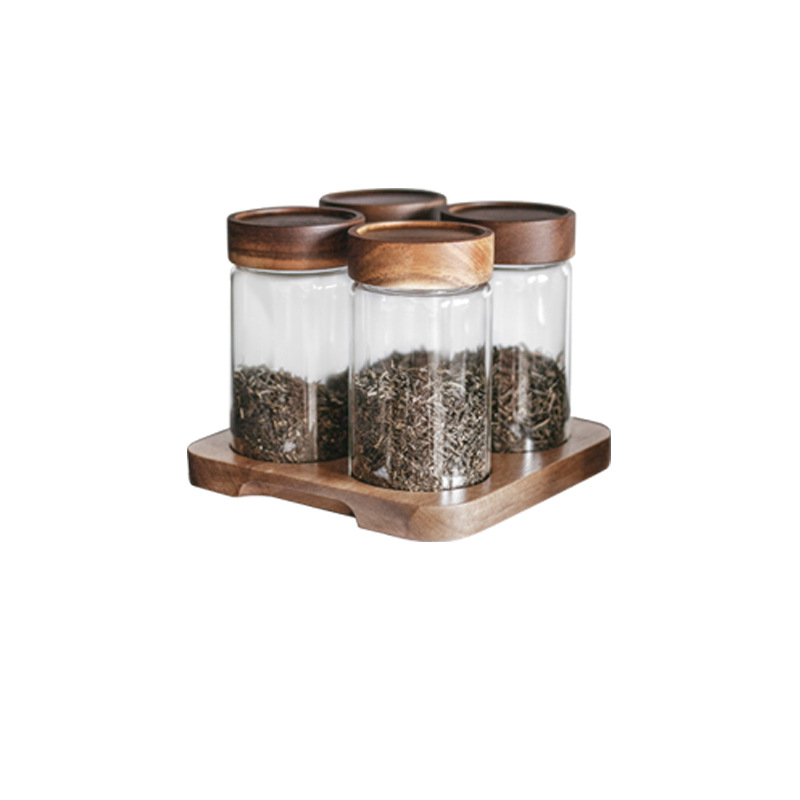 4 Pieces Clear Airtight Glass Storage Jar Set With Screw Wood Lid