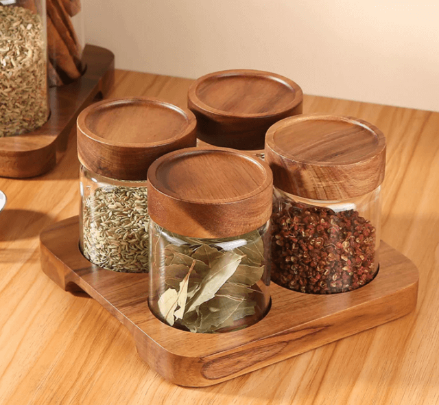 4 Pieces Clear Airtight Glass Storage Jar Set With Screw Wood Lid