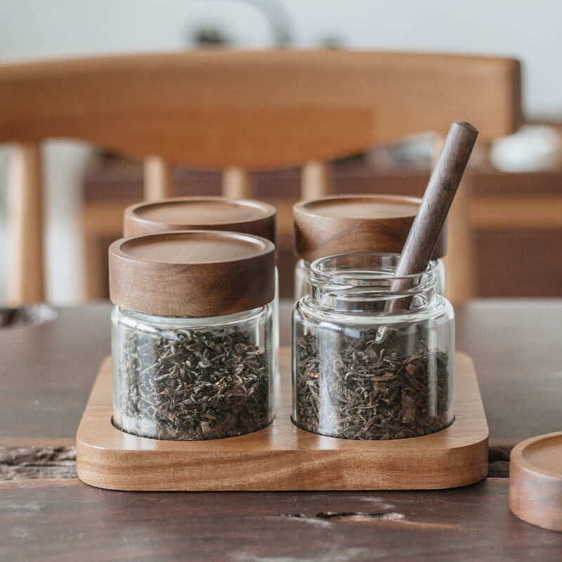 4 Pieces Clear Airtight Glass Storage Jar Set With Screw Wood Lid