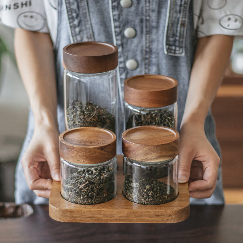 4 Pieces Clear Airtight Glass Storage Jar Set With Screw Wood Lid
