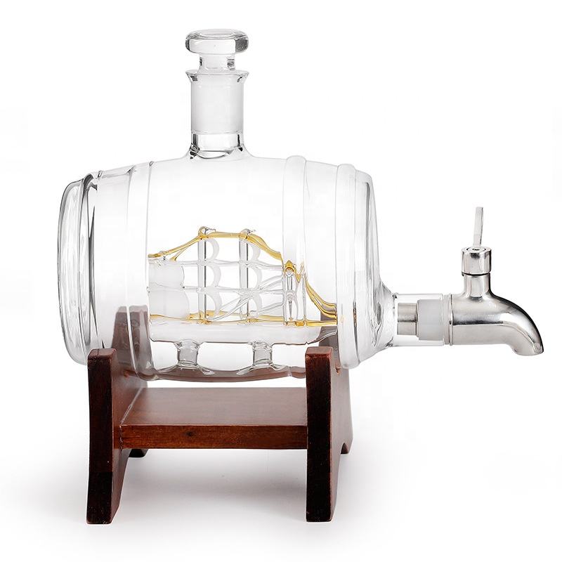 Old Fashion Barrel Design Glass Decanter Set For Whiskey Rum Brandy Vodka