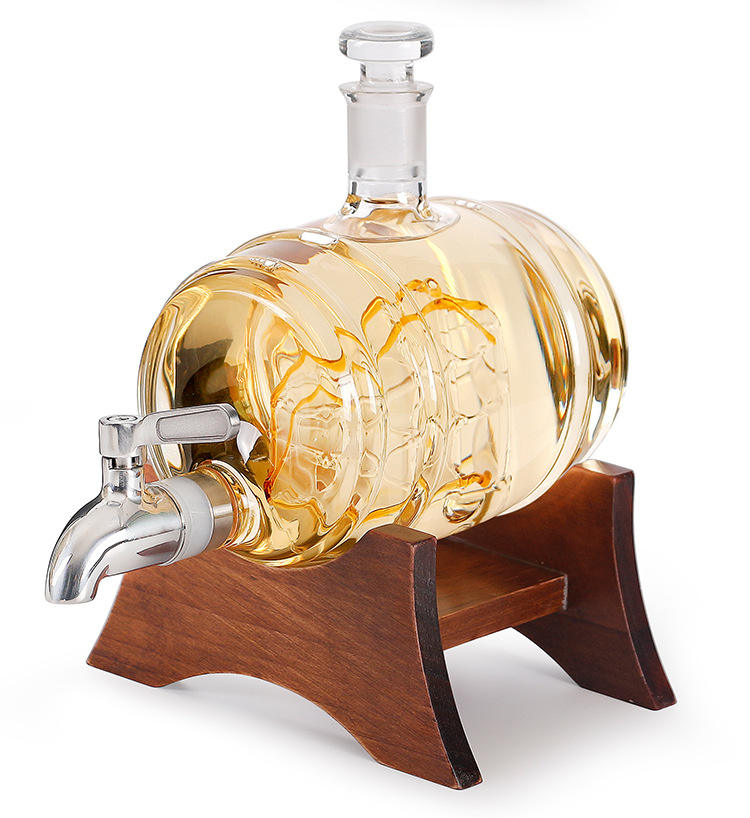 Old Fashion Barrel Design Glass Decanter Set For Whiskey Rum Brandy Vodka
