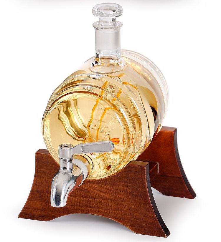 Old Fashion Barrel Design Glass Decanter Set For Whiskey Rum Brandy Vodka