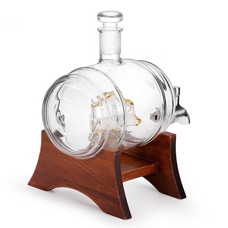 Old Fashion Barrel Design Glass Decanter Set For Whiskey Rum Brandy Vodka
