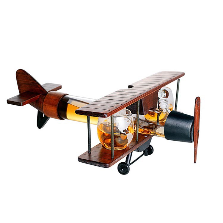 Home Bar Decor Antique 2 Glasses Wood Airplane Whisky Decanter Set