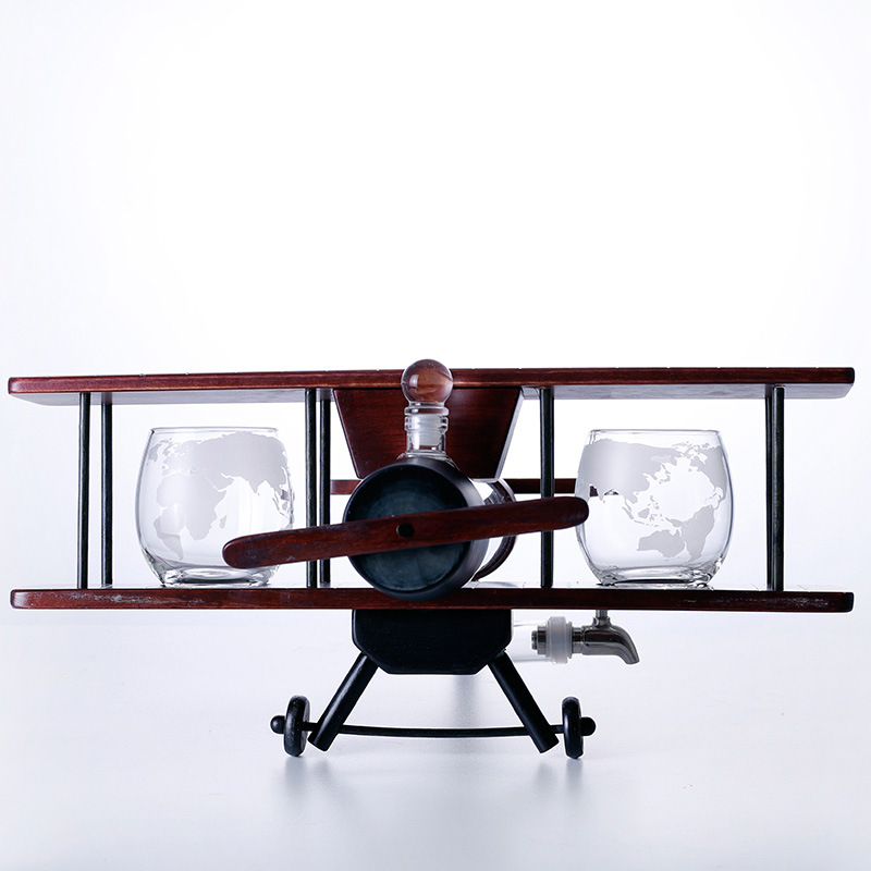 Home Bar Decor Antique 2 Glasses Wood Airplane Whisky Decanter Set