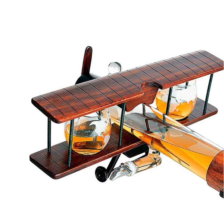 Home Bar Decor Antique 2 Glasses Wood Airplane Whisky Decanter Set