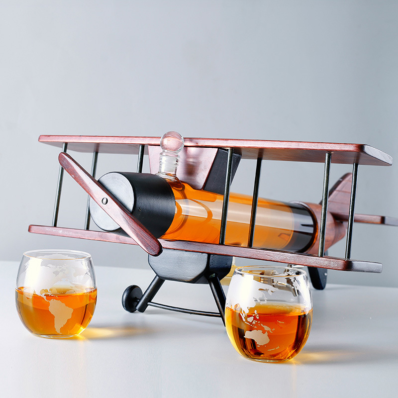 Home Bar Decor Antique 2 Glasses Wood Airplane Whisky Decanter Set