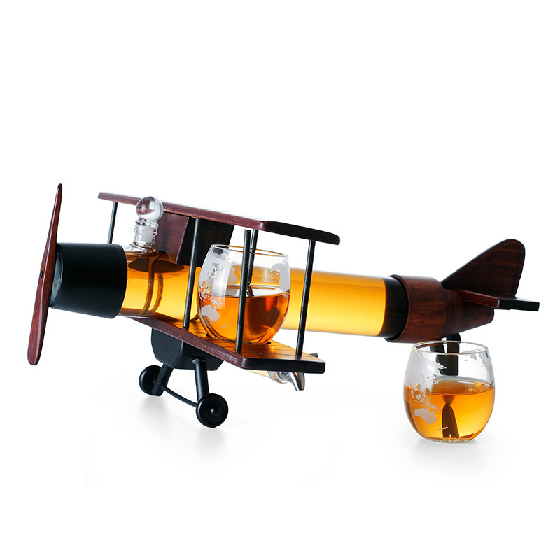 Home Bar Decor Antique 2 Glasses Wood Airplane Whisky Decanter Set