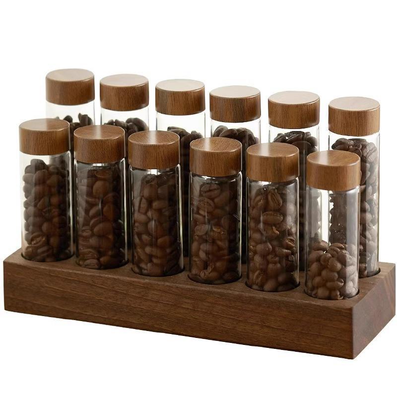 Mini Glass Spice Storage Jar Set With Air Tight Wood Lid And Tray