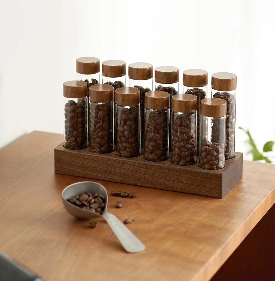 Mini Glass Spice Storage Jar Set With Air Tight Wood Lid And Tray