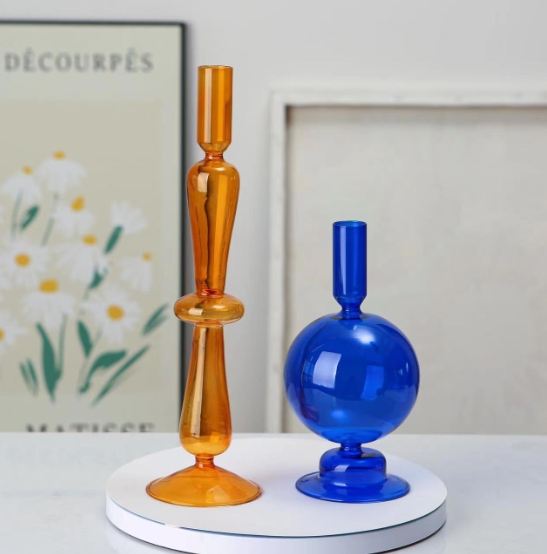 blue small round glass cylinders votives candlesticks