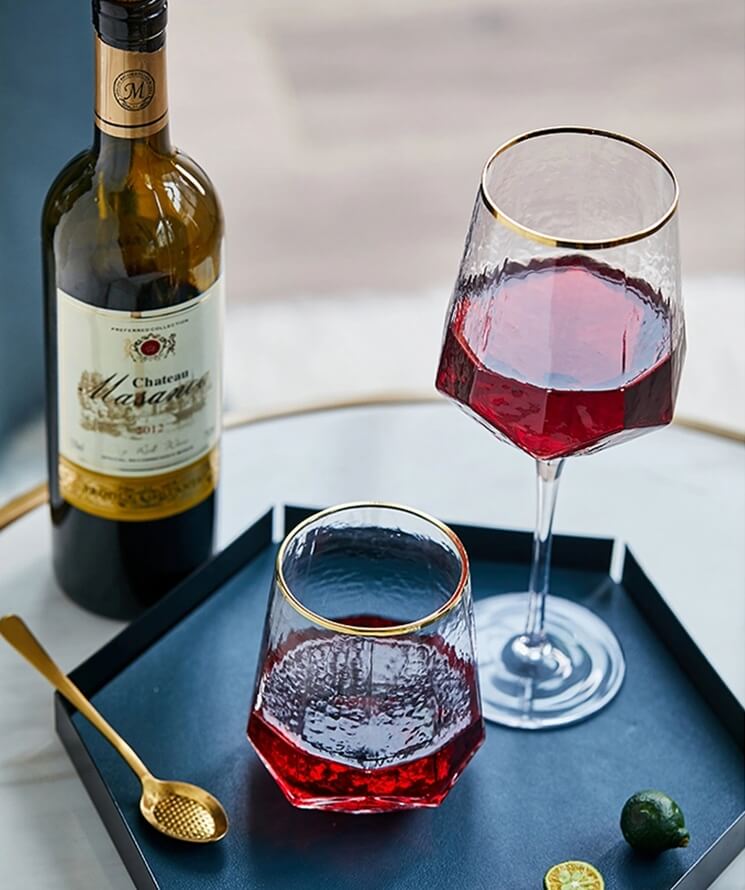 red gold rimmed crystal glasses wine goblets