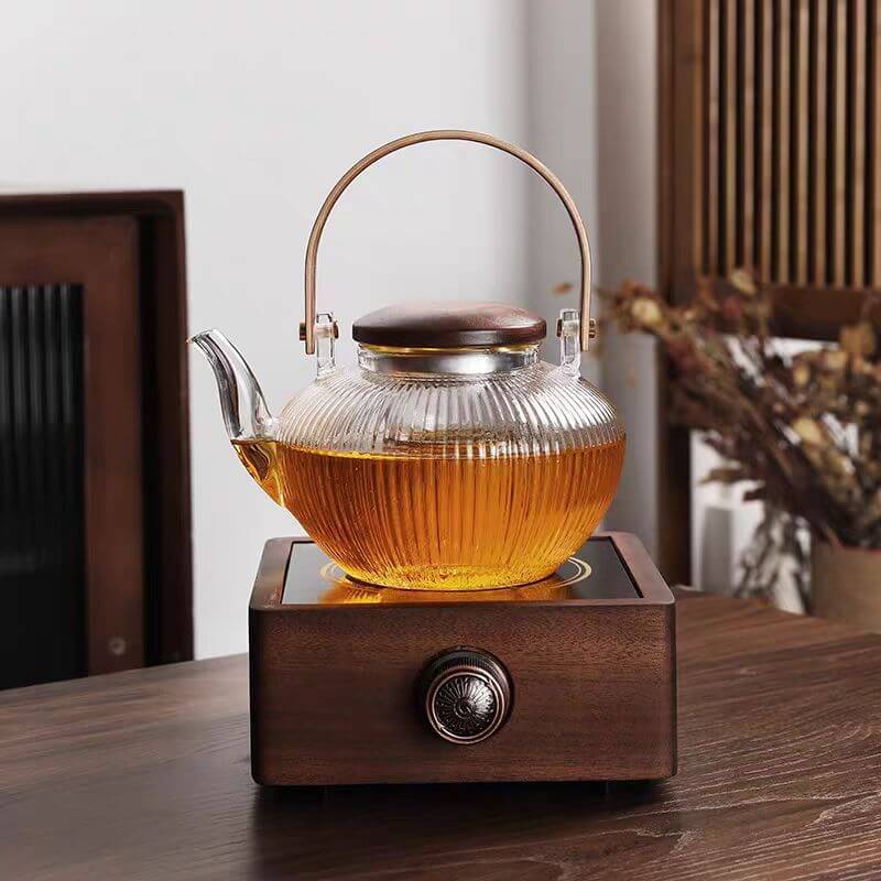 Clear Glass Strainer Teapot Press Wooden Handle