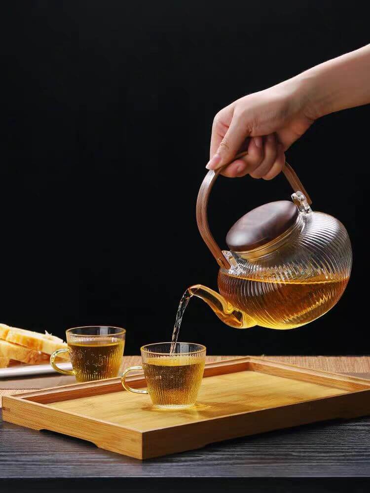 Clear Glass Strainer Teapot Press Wooden Handle