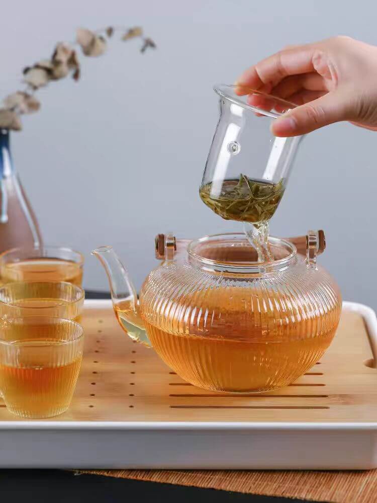 Clear Glass Strainer Teapot Press Wooden Handle