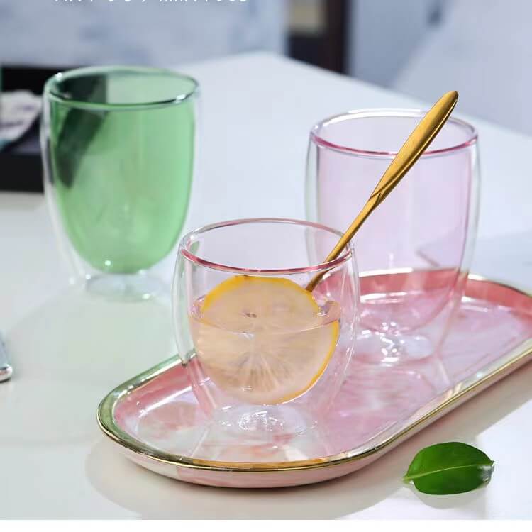 Coloured Double Layer Insulated Glass Cups Coffee Water Juice Drinking Glasses