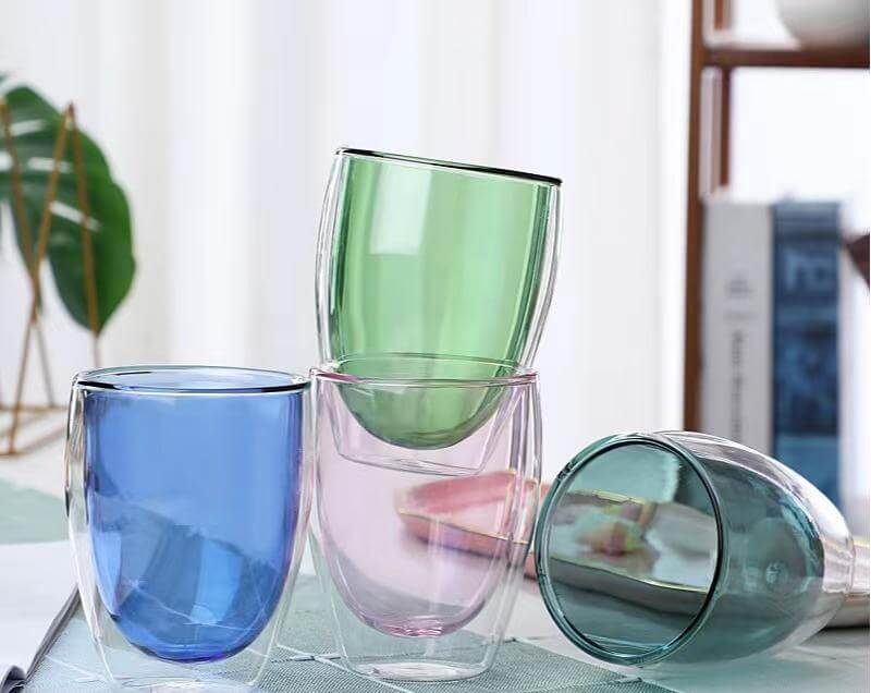 Coloured Double Layer Insulated Glass Cups Coffee Water Juice Drinking Glasses