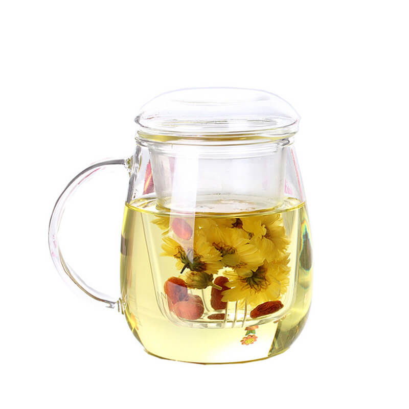 Large Borosilicate Glass Tea Cup with Infuser and Lid for Loose Leaf Blooming Tea