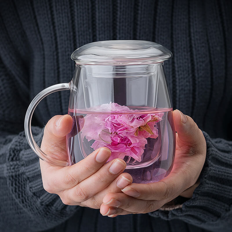 Large Borosilicate Glass Tea Cup with Infuser and Lid for Loose Leaf Blooming Tea