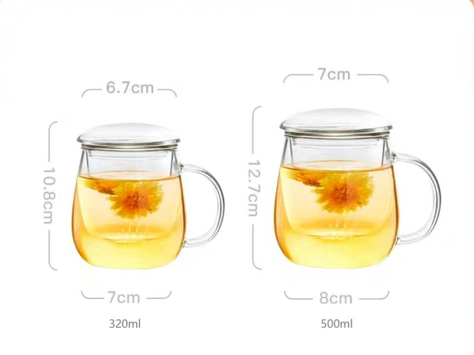 Large Borosilicate Glass Tea Cup with Infuser and Lid for Loose Leaf Blooming Tea