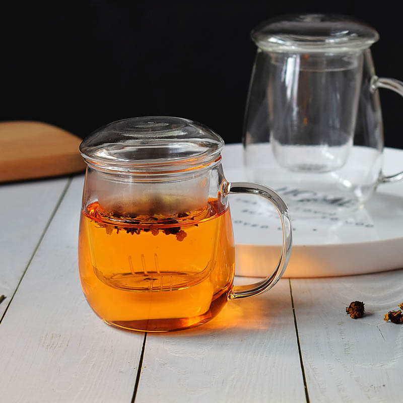 Large Borosilicate Glass Tea Cup with Infuser and Lid for Loose Leaf Blooming Tea