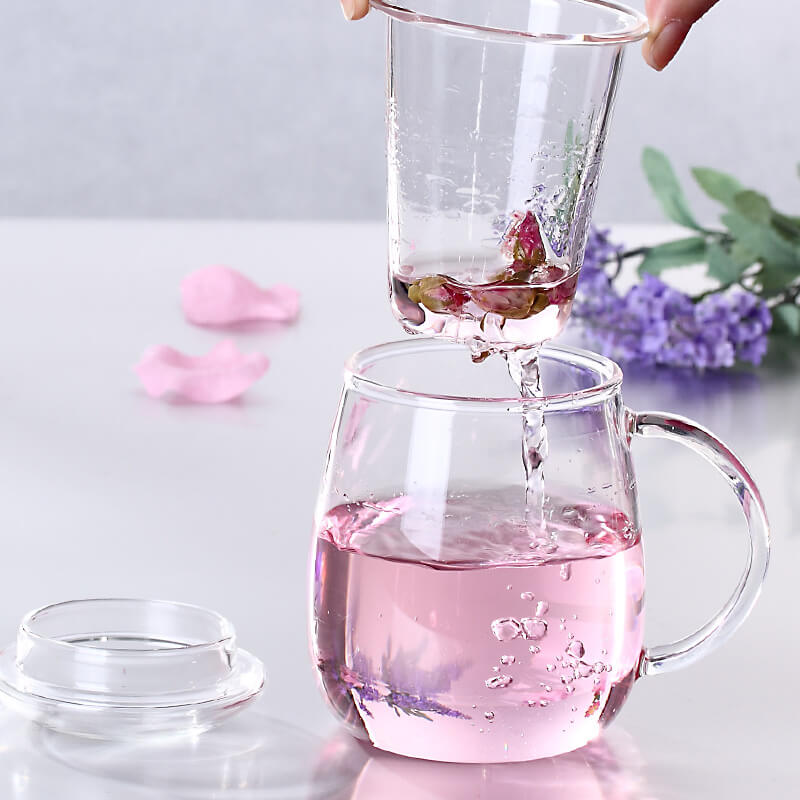 Large Borosilicate Glass Tea Cup with Infuser and Lid for Loose Leaf Blooming Tea