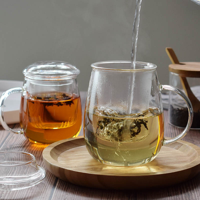 Large Borosilicate Glass Tea Cup with Infuser and Lid for Loose Leaf Blooming Tea