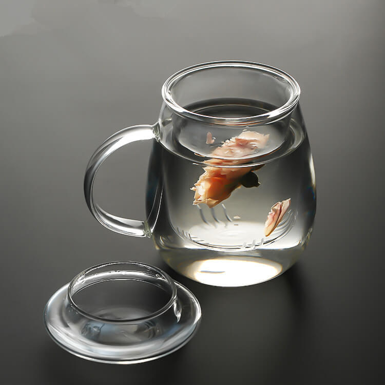 Large Borosilicate Glass Tea Cup with Infuser and Lid for Loose Leaf Blooming Tea