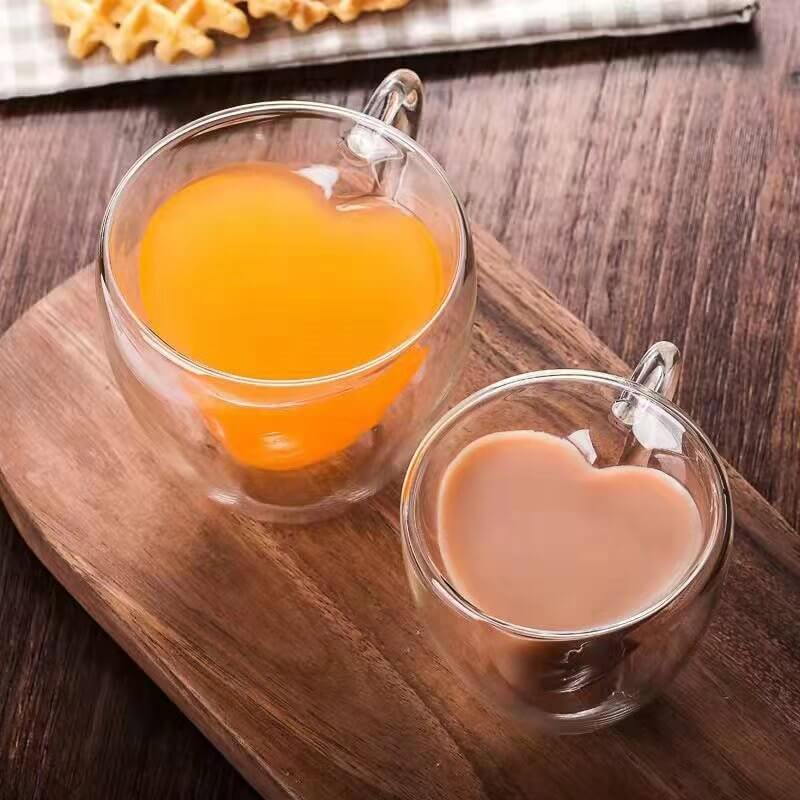 Double Wall Layer Glass Heart Cap Cappuccino Mugs