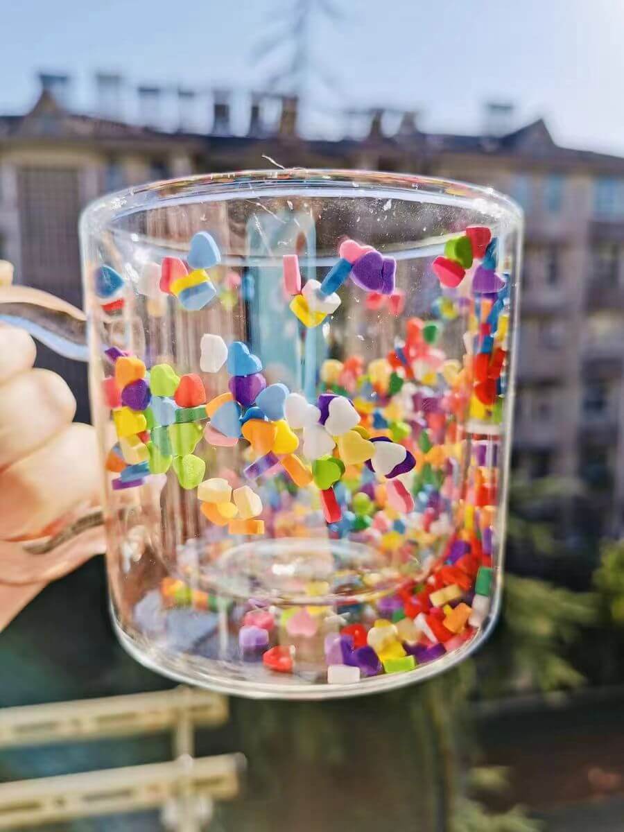 Double Layered Insulated Glass Tea Coffee Mug With Colored Filling