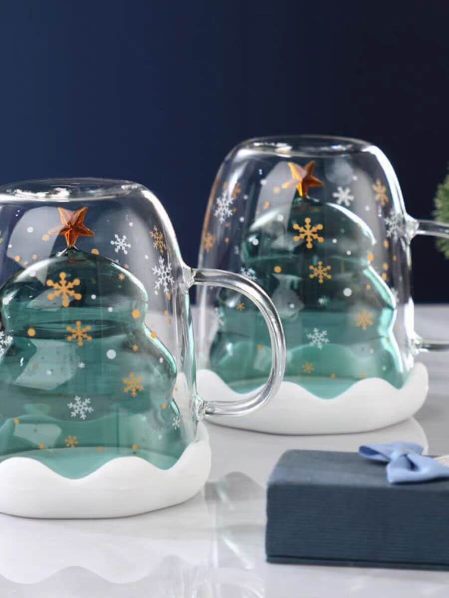 Double Wall Glass Christmas Tress Design Mug For Gift