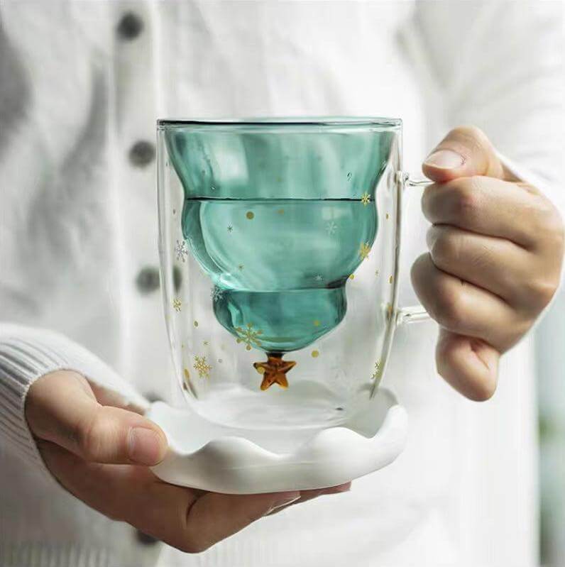 Double Wall Glass Christmas Tress Design Mug For Gift