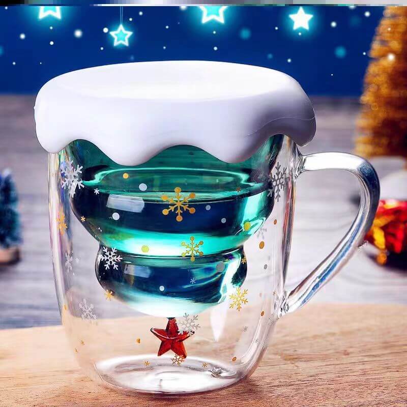 Double Wall Glass Christmas Tress Design Mug For Gift