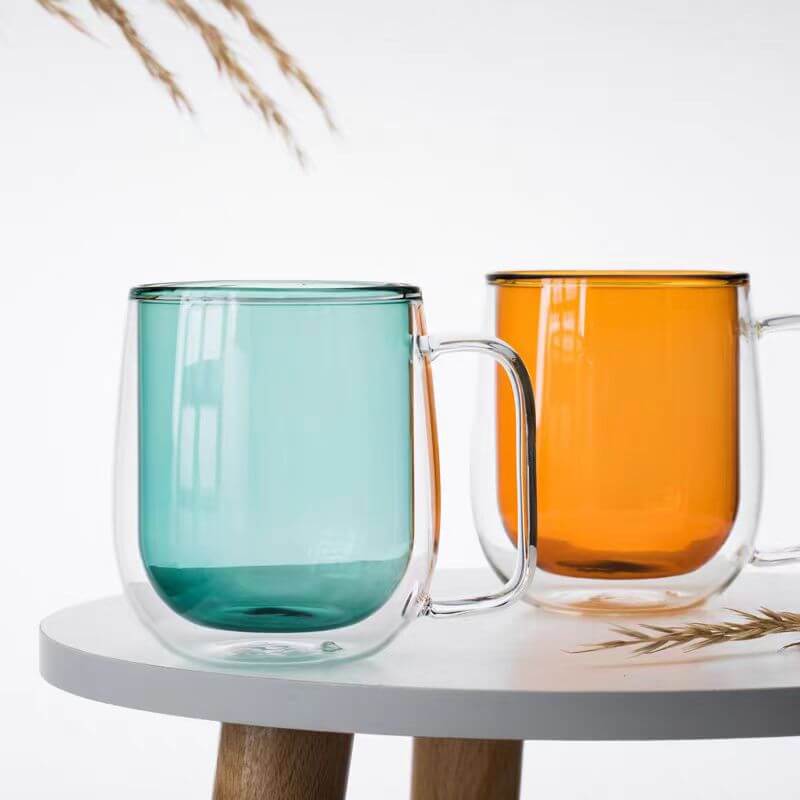Coloured Double Layer Insulated Wall Glass Tea Mugs For Coffee