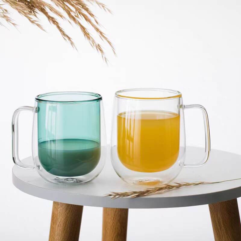 Coloured Double Layer Insulated Wall Glass Tea Mugs For Coffee