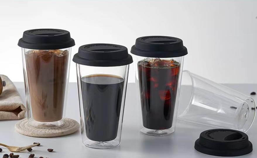 Double Wall Glass Travel Coffee Tea Mug With Silicone Lid