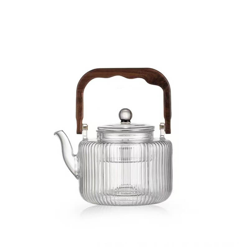 Grey Glass Tea Maker For Stove With Wooden Handle