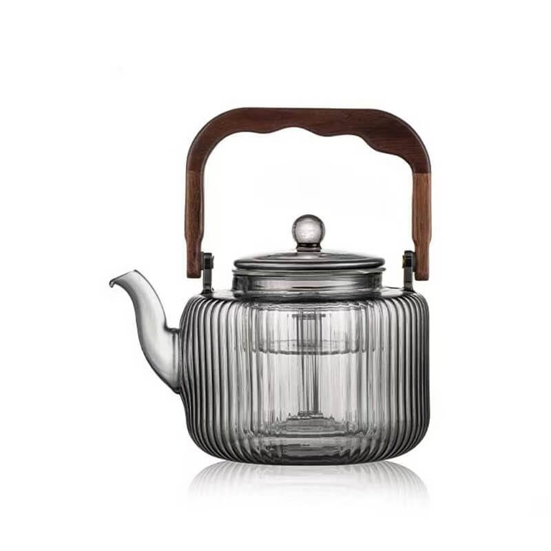 Grey Glass Tea Maker For Stove With Wooden Handle