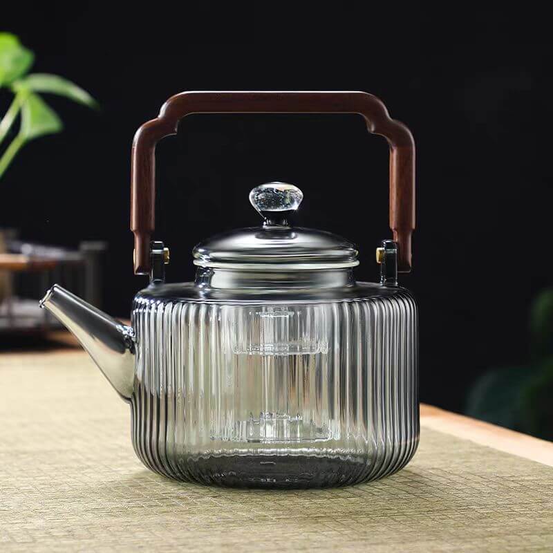 Grey Glass Tea Maker For Stove With Wooden Handle