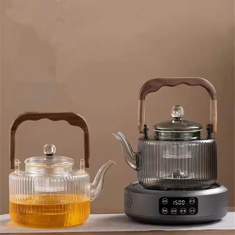 Grey Glass Tea Maker For Stove With Wooden Handle